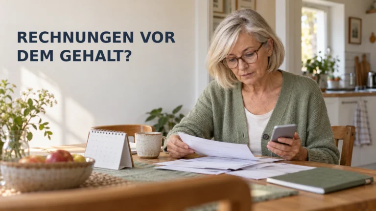 Eine ältere Frau vergleicht am Küchentisch einen Kalender, Unterlagen und ihr Smartphone.